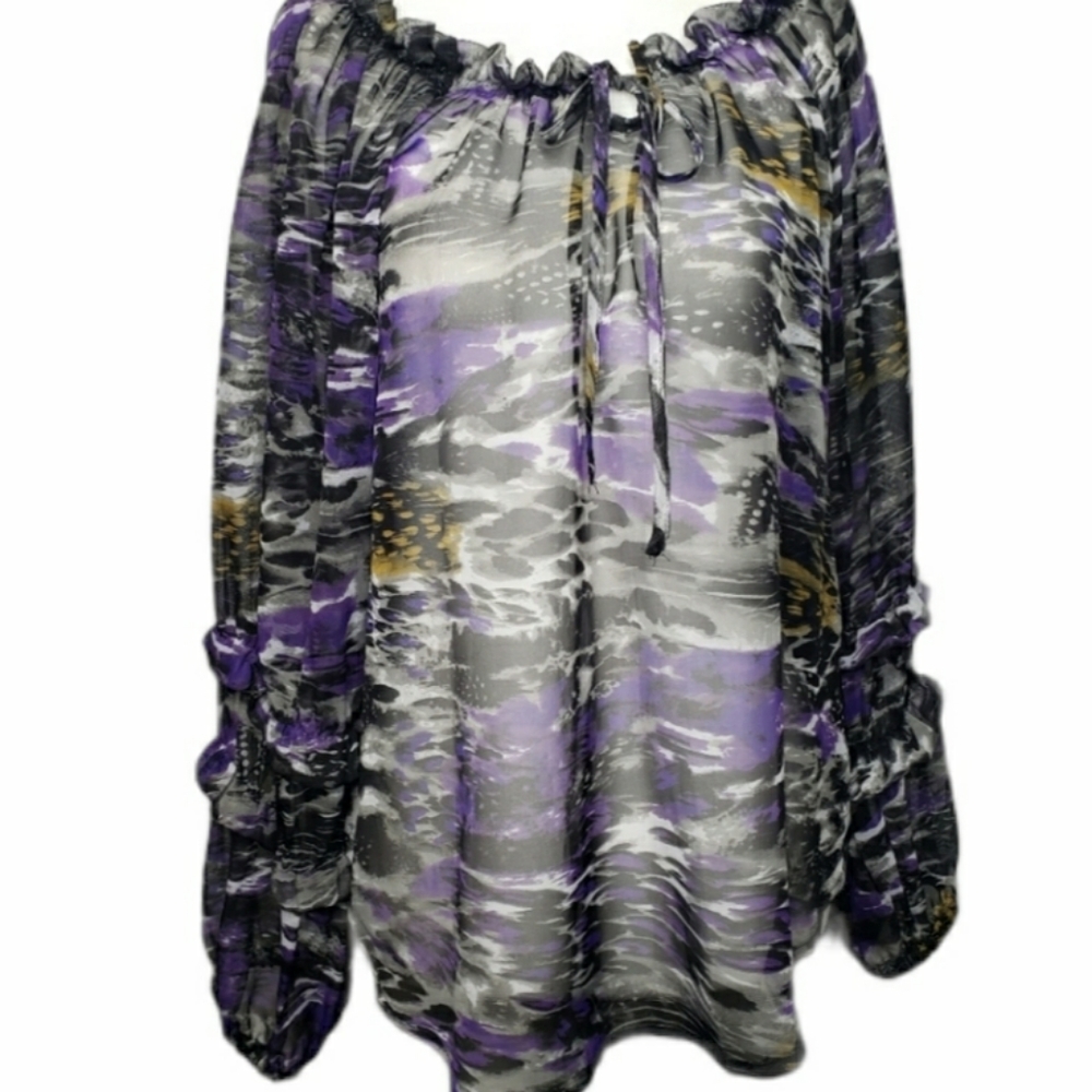 Romeo & Juliet couture sheer ruffled  purple animal print blouse size small